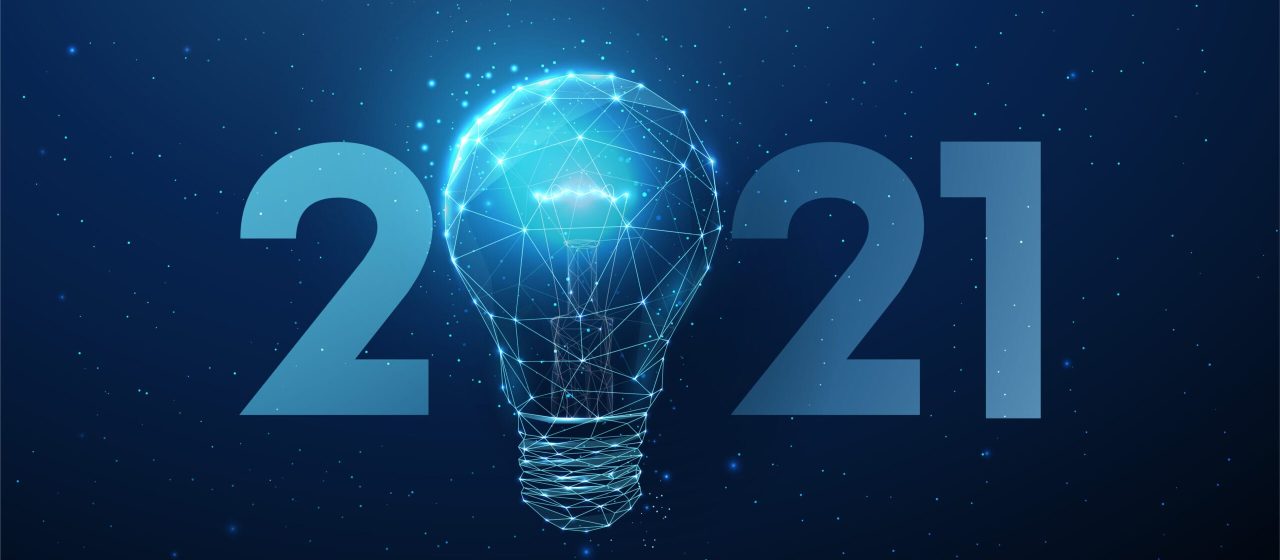 Abstract Happy 2021 New Year greeting card with light bulb. Low poly style design. Abstract geometric background. Wireframe light structure. Modern 3d graphic concept. Isolated vector illustration